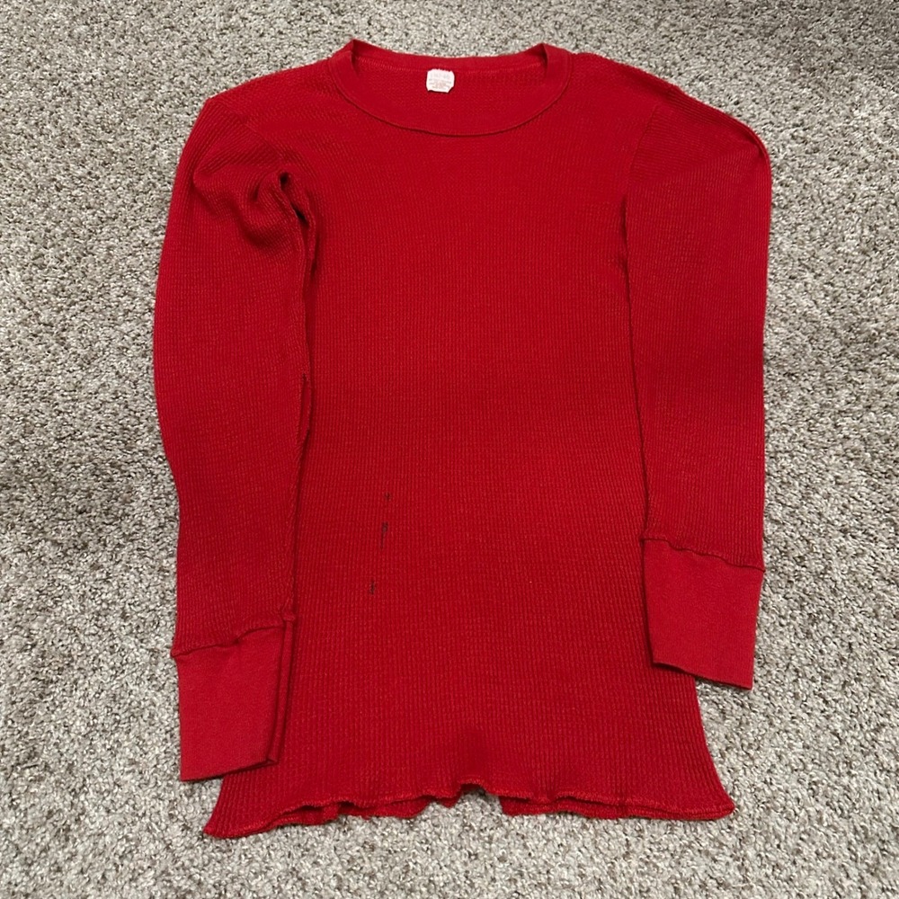 Vintage Unknown Mens Thermal Shirt Large Red Preowned Stains Waffle Knit USA